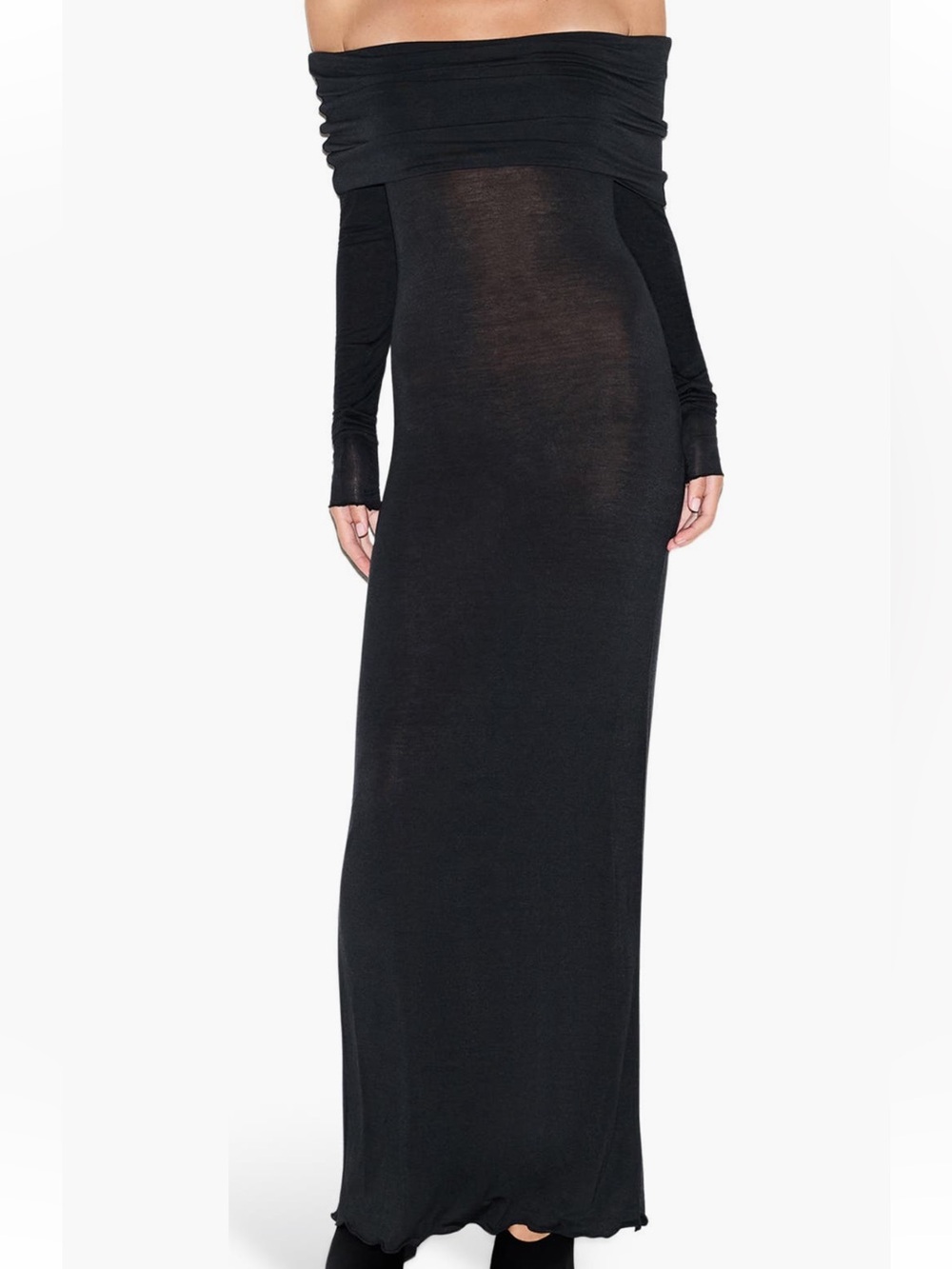 NEW SKIMS Sheer Modal Off Shoulder Long Dress in Onyx - Picture 4 of 7